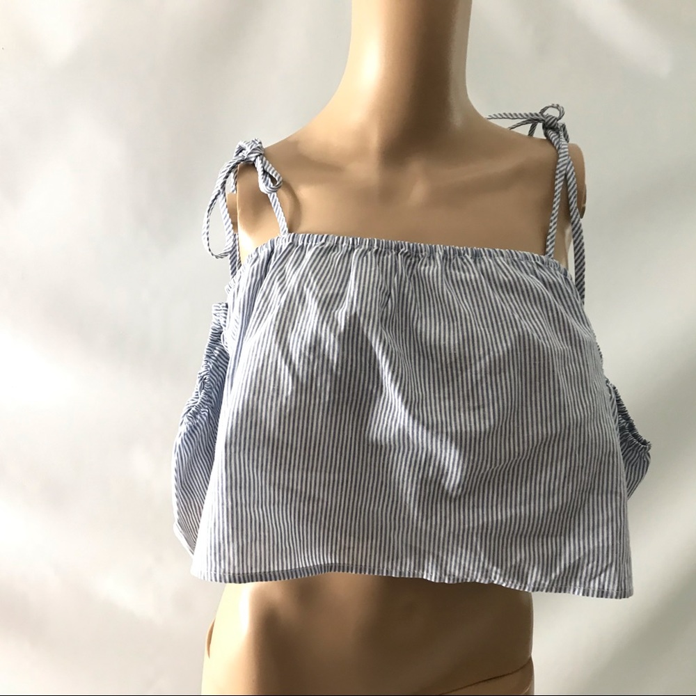 Centimeters Women's Blouse Size S Striped Top Shirt White Blue Cold Shoulder